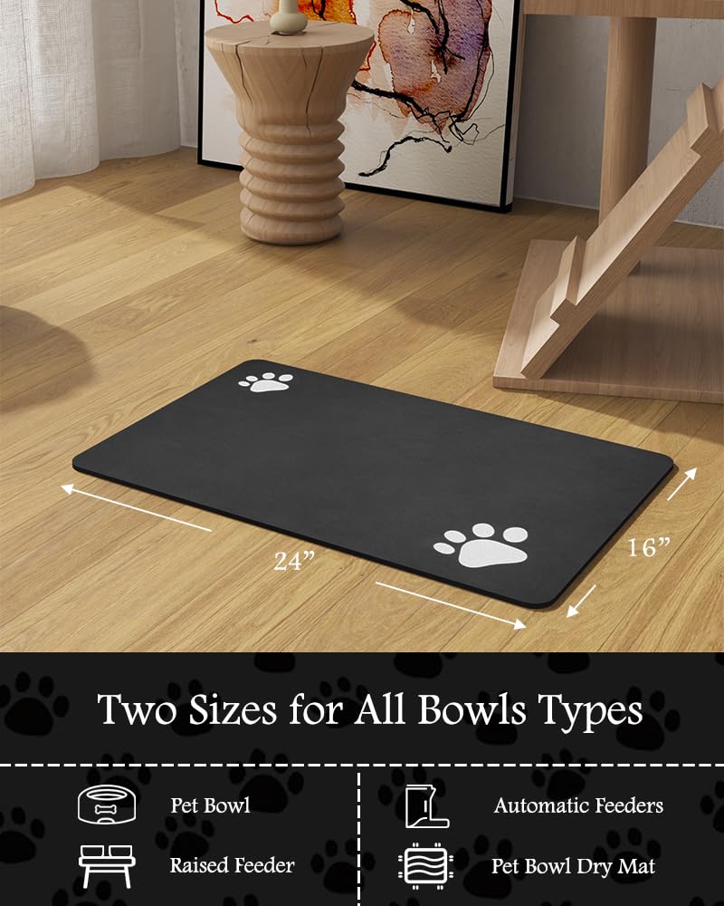 Pet Feeding Mat-Absorbent Dog Mat for Food and Water Bowl-No Stains Quick Dry Water Dispenser Mat-Dog Accessories Pet Supplies-Bowl for Messy Drinkers（Black,16"x24"