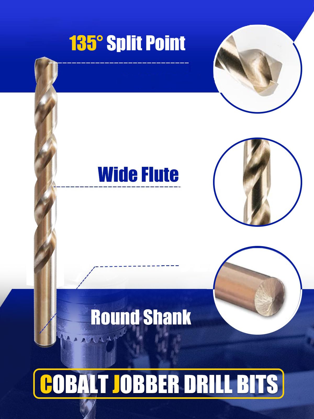 JEFE HEX 115 Pcs Cobalt Drill Bit Set, All M35 HSS Drill Bit Sets, 135° Split Point, Fractional Sizes 1/16" to 1/2", Letters A-Z, Wire Sizes #1 to #60, Durable Metal Indexed Storage Case