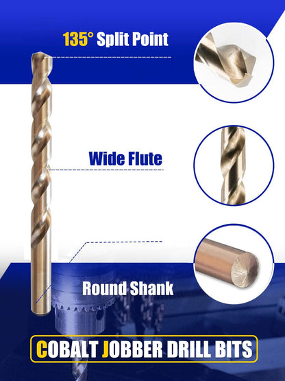 JEFE HEX 115 Pcs Cobalt Drill Bit Set, All M35 HSS Drill Bit Sets, 135° Split Point, Fractional Sizes 1/16" to 1/2", Letters A-Z, Wire Sizes #1 to #60, Durable Metal Indexed Storage Case