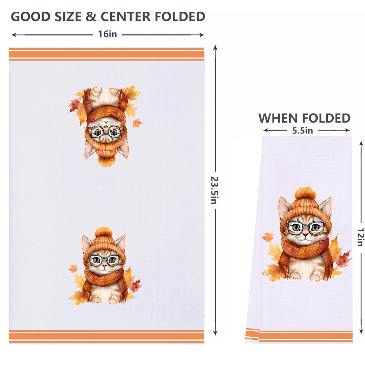 LXOMILL Cat Fall Kitchen Towels - Orange Autumn Dish & Hand Towels for Fall Decor