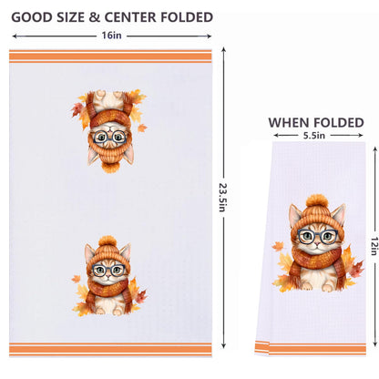 LXOMILL Cat Fall Kitchen Towels - Orange Autumn Dish & Hand Towels for Fall Decor
