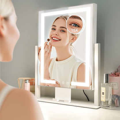 LuxeVue Makeup Mirror with Lights, Vanity Mirror with 3 Lighting Modes, Light Up Mirror, Touch Sensor, AC-Powered, 360° Rotatable, Metal Frame, with Detachable 3.5" 15X Spot Mirro, Gift for Women