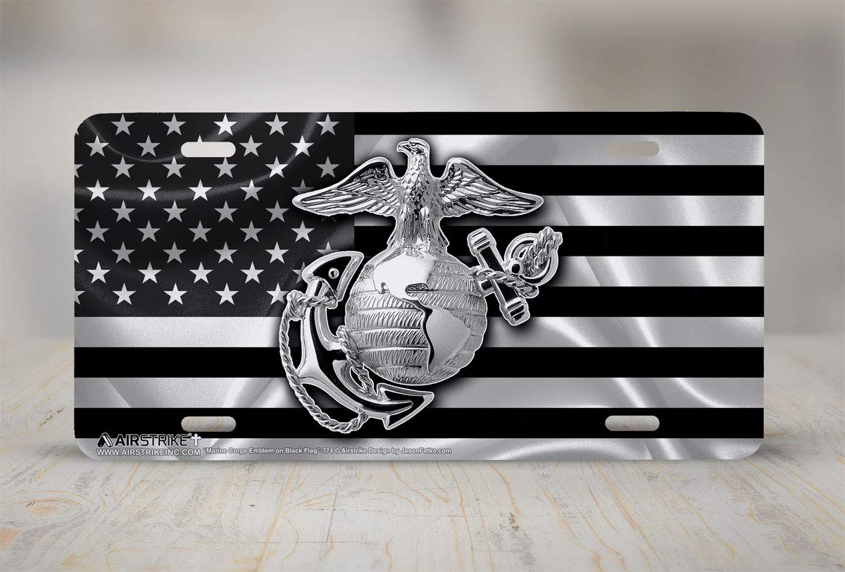 Marine Corps License Plate, USMC License Plate, Marine License Plate, USMC License Plates for Front of Car, USMC Black Flag License Plate, USMC Plate, Made in USA by Airstrike (Made of Metal)-774