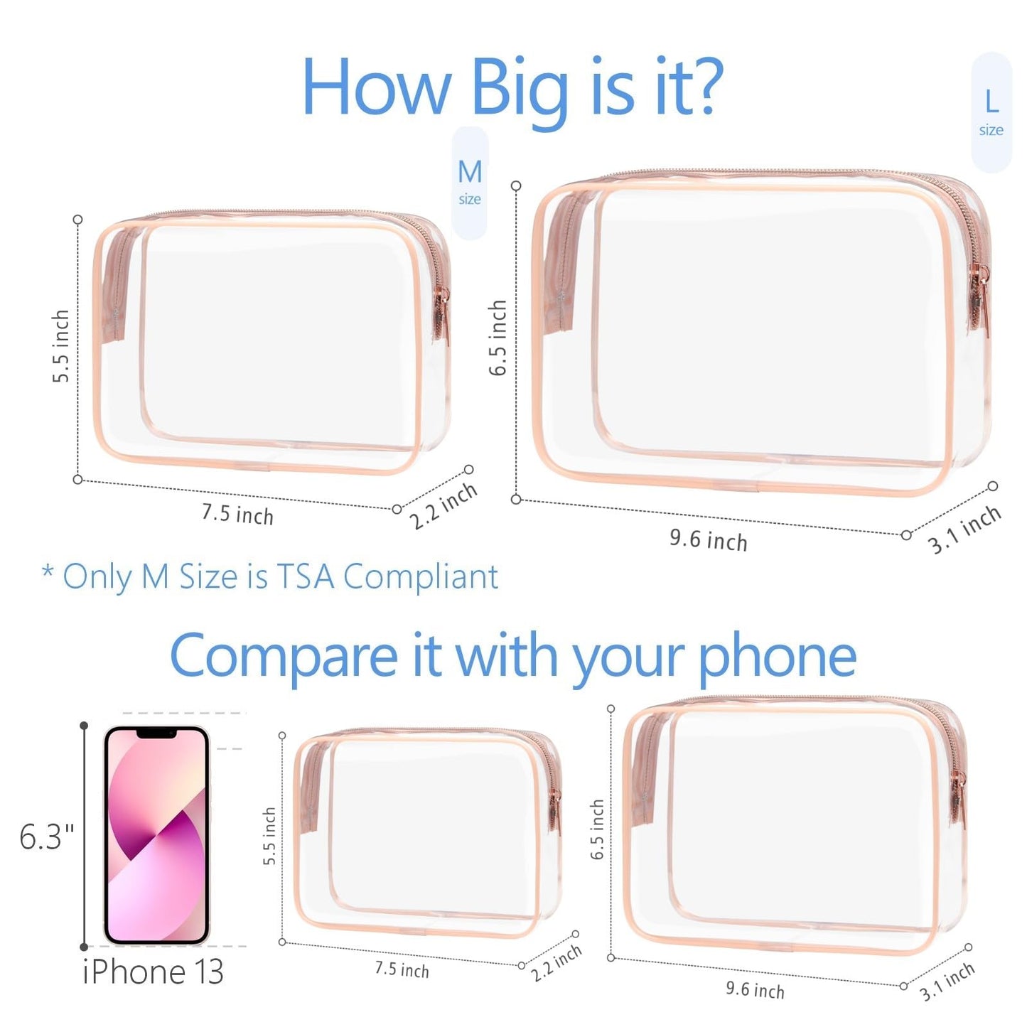 PACKISM TSA Approved Toiletry Bag - Clear Makeup Bags in 2 Size, Durable with Supporting Frame, Perfect for Travel Essentials, Carry-on Airport Airline Compliant Bag, Rose Pink