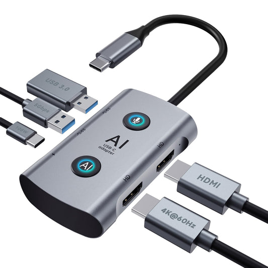 AI Laptop Docking Station with Dual Monitor 4K, TOPOINT 7-in-1 USB C Hub with AI Tools ChatGPT, Voice Transcription, Translation, 100W PD for MacBook HP Dell, Home Office Remote Work Business Travel