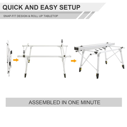 PORTAL Outdoor Folding Portable Picnic Camping Table with Adjustable Height Aluminum Roll Up Table Top Mesh Layer, Silver