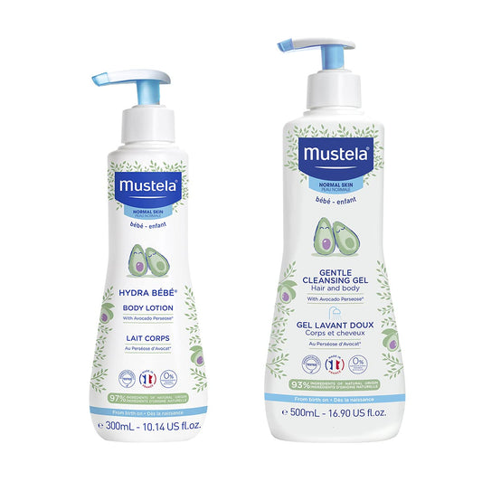 Mustela Baby Bath Time Gift Set - Baby Skin Care Essentials with Natural Avocado - Contains Hydra Bebe Body Lotion 10.14 fl. oz. & Gentle Cleansing Gel 16.9 fl. oz. - 2 Items Set