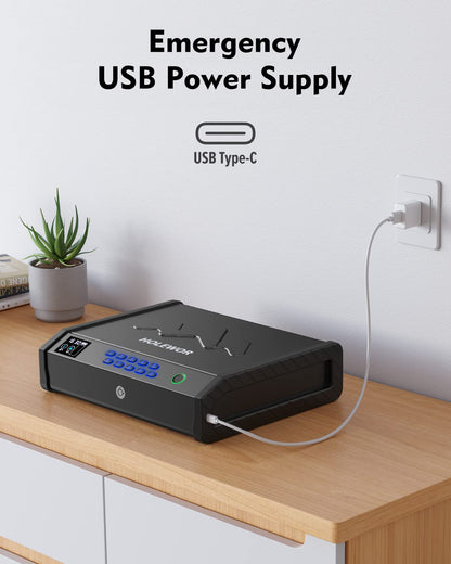 HOLEWOR Gun Safe, Biometric Gun Safes for Pistols with LCD Display of Temperature Humidity, Fingerprint Quick Access Pistol Safe Solid Handgun Safe with USB C Port