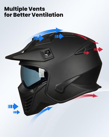 ILM Open Face Motorcycle 3/4 Half Helmet for Dirt Bike Moped ATV UTV Motocross Cruiser Scooter DOT Model 726X (Matte Black,XL