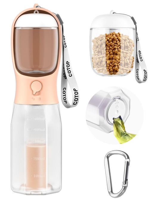 20oz Dog Water Bottle with Food Container & Poop Bag Dispenser | Leak-Proof Portable Pet Water Dispenser with Carabiner Clip | for Walking, Hiking, Travel (Peach, 20oz)