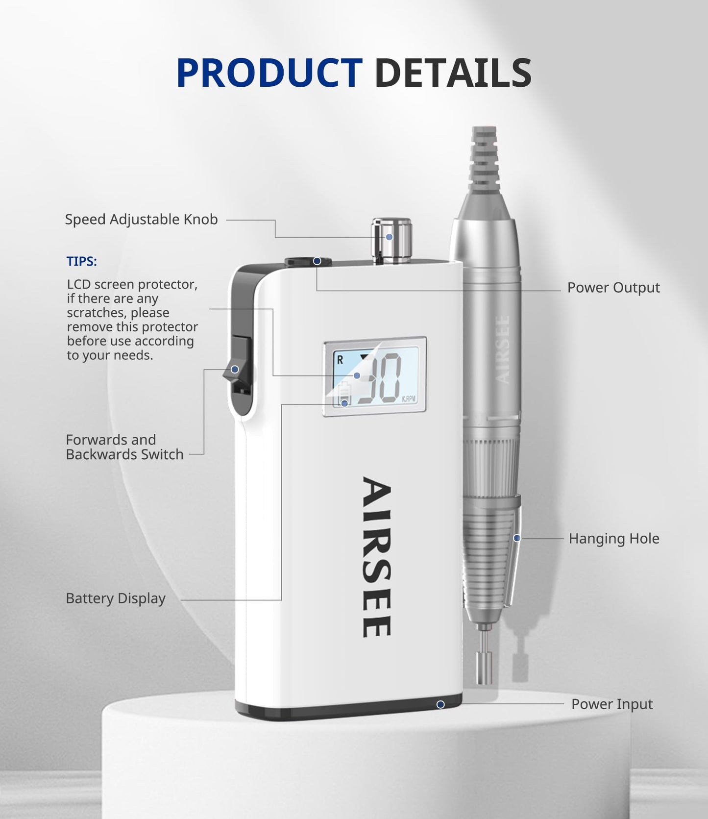 AIRSEE Rechargeable 30000RPM Electric Nail Drill Professional Portable E File Machine for Acrylic Nail Natural Extension Gel Nails Polish Cuticle, Cordless High Speed for Salon Home Use E8 White