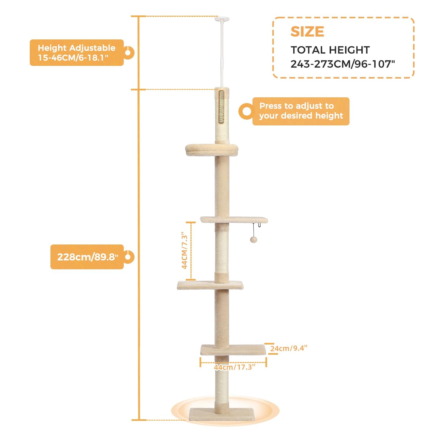 PETEPELA Floor to Ceiling Cat Tree, Cat Tower 5-Tier Height(95-107 Inches) Adjustable, Tall Cat Climbing Tree Featuring with Scratching Post, Cozy Bed,Interactive Ball Toy for Indoor Cats/Kitten Beige