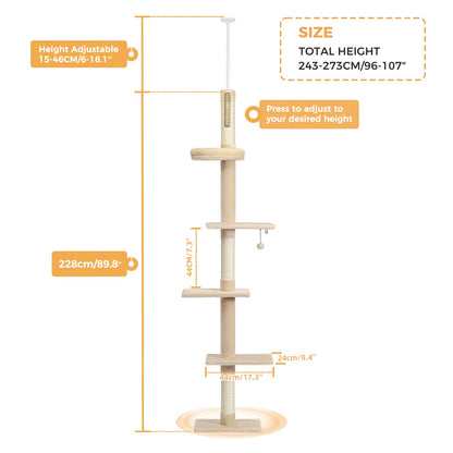 PETEPELA Floor to Ceiling Cat Tree, Cat Tower 5-Tier Height(95-107 Inches) Adjustable, Tall Cat Climbing Tree Featuring with Scratching Post, Cozy Bed,Interactive Ball Toy for Indoor Cats/Kitten Beige
