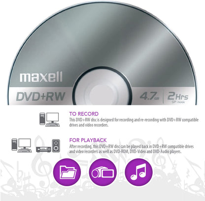 Maxell Dvd+rw Rewritable Disc, 4.7 Gb, 4x, Spindle, Silver, 15/pack
