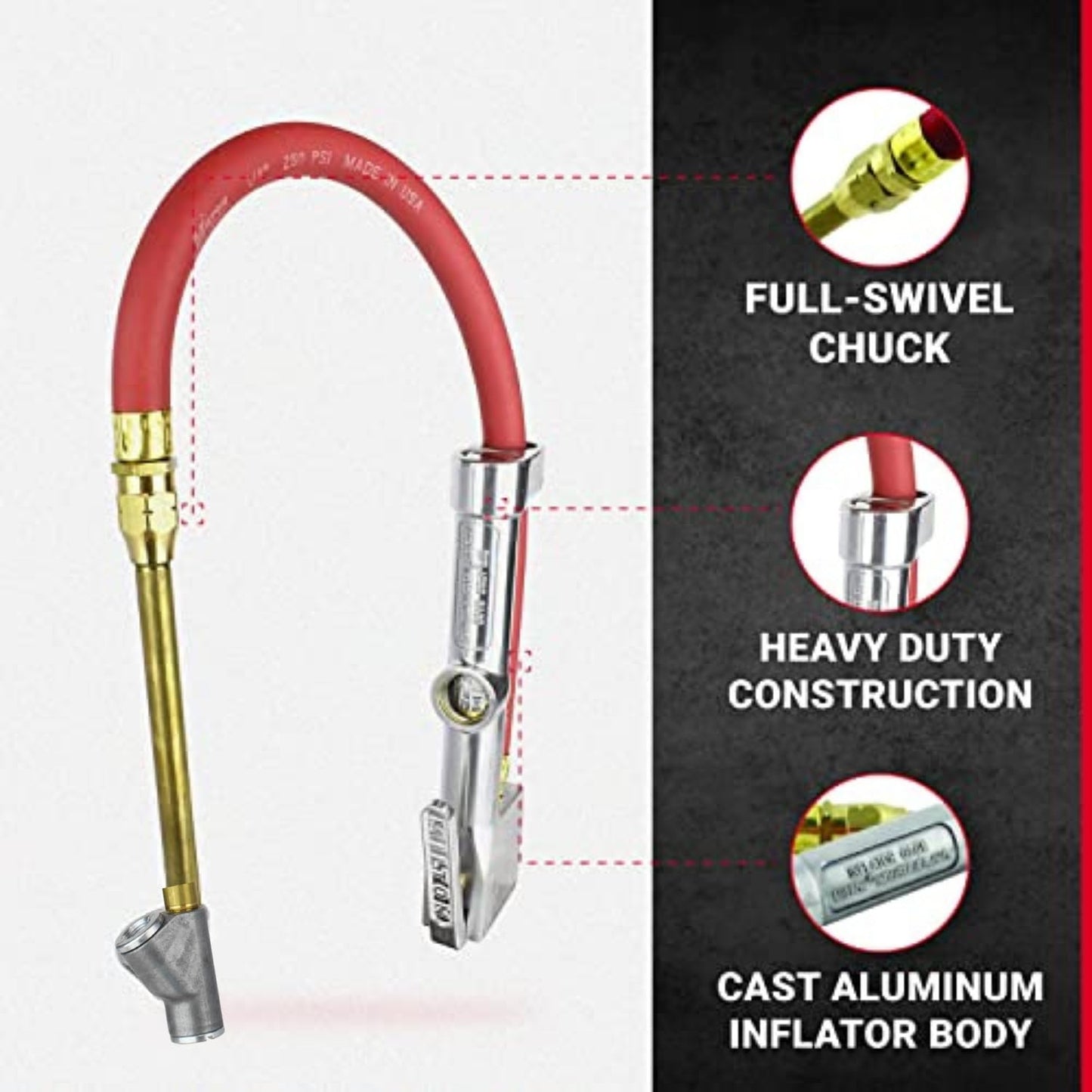 New & Improved - Tire Inflator Gauge with Dual Head Straight Foot Air Chuck 15” Air Hose 10-160 PSI (Box of 5)