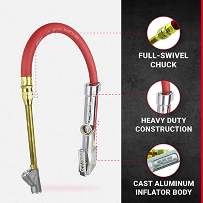 New & Improved - Tire Inflator Gauge with Dual Head Straight Foot Air Chuck 15” Air Hose 10-160 PSI (Box of 5)