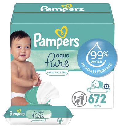 Pampers Baby Wipes Aqua Pure, 99% water-based wipes, Hypoallergenic and Unscented Baby Wipes, 672 Wipes Total (12 Flip-Top Packs)