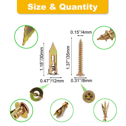 Jyphorixal 160 PCS Drywall Self Drilling Anchors with Screws Kit,80 PCS Sheetrock Anchors (0.47X1.18inch) and 80 PCS Screws, Eliminating The Need for Drilling or Punching Holes in The Wall.