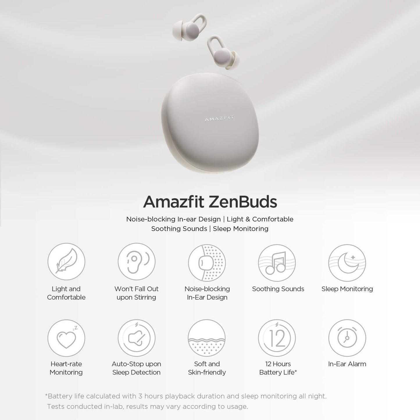 Amazfit Zenbuds Smart Sleep Earbuds, Noise Blocking, in-Ear Alarm, Soothing Sounds, Light and Comfortable, in-Ear Alarm Detection, Cloud White