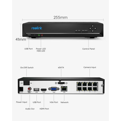 REOLINK 8CH Network Video Recorder for Home Security Camera System, Only Work with 16MP/12MP/4K/8MP/5MP/4MP REOLINK PoE IP Camera, 24/7 Recording to Pre-Installed 2TB Hard Drive, RLN8-410
