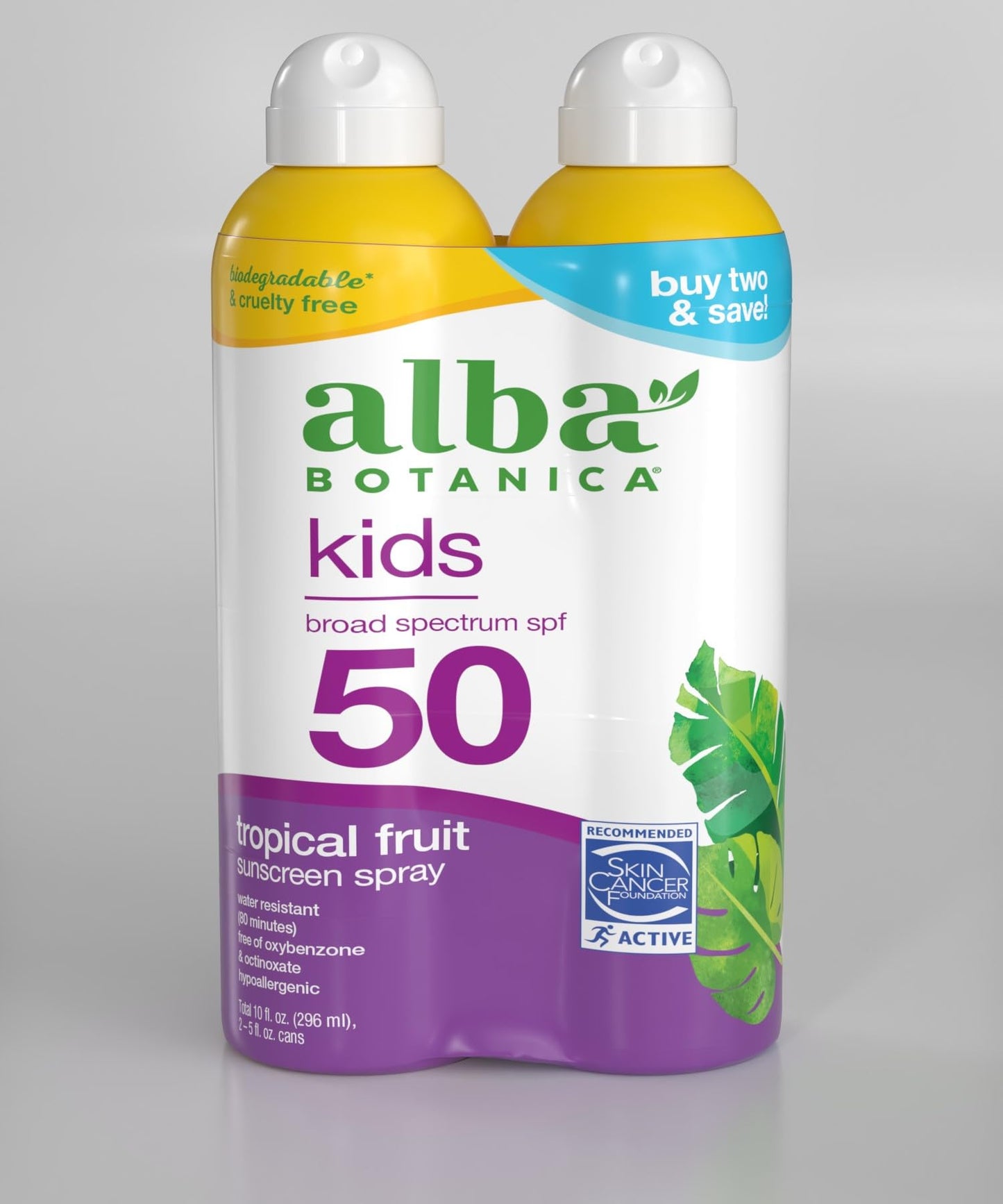 Alba Botanica Kids Sunscreen Spray for Face and Body, Tropical Fruit, Broad Spectrum SPF 50, Water Resistant, 5 fl. oz. Bottle (Pack of 2)