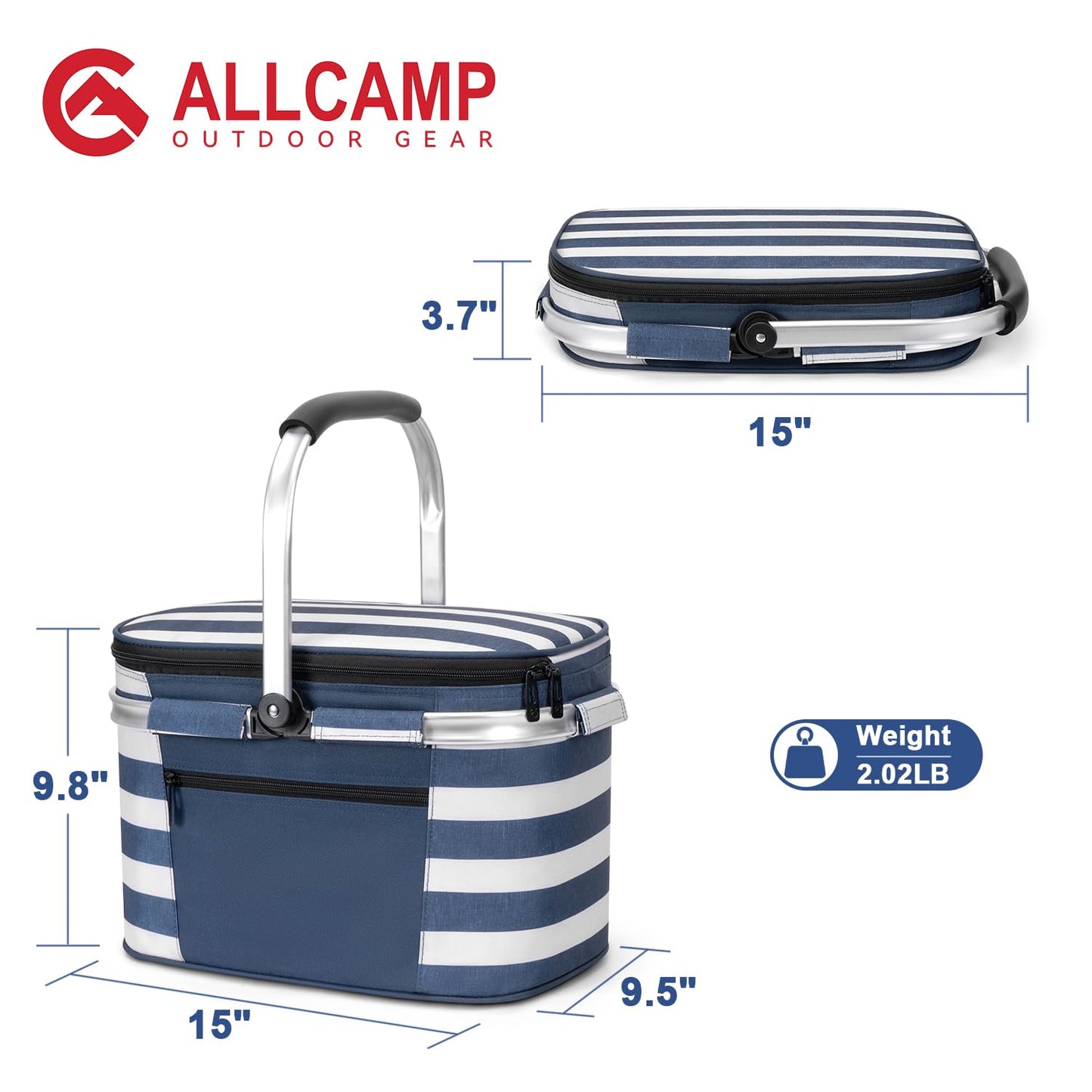 ALLCAMP Picnic Basket - Insulated Cooler, Thickening Foldable Picnic Basket with Removable Baskets & Sewn-in Frame, Basket for House Warming Gifts New Home(Blue and White)