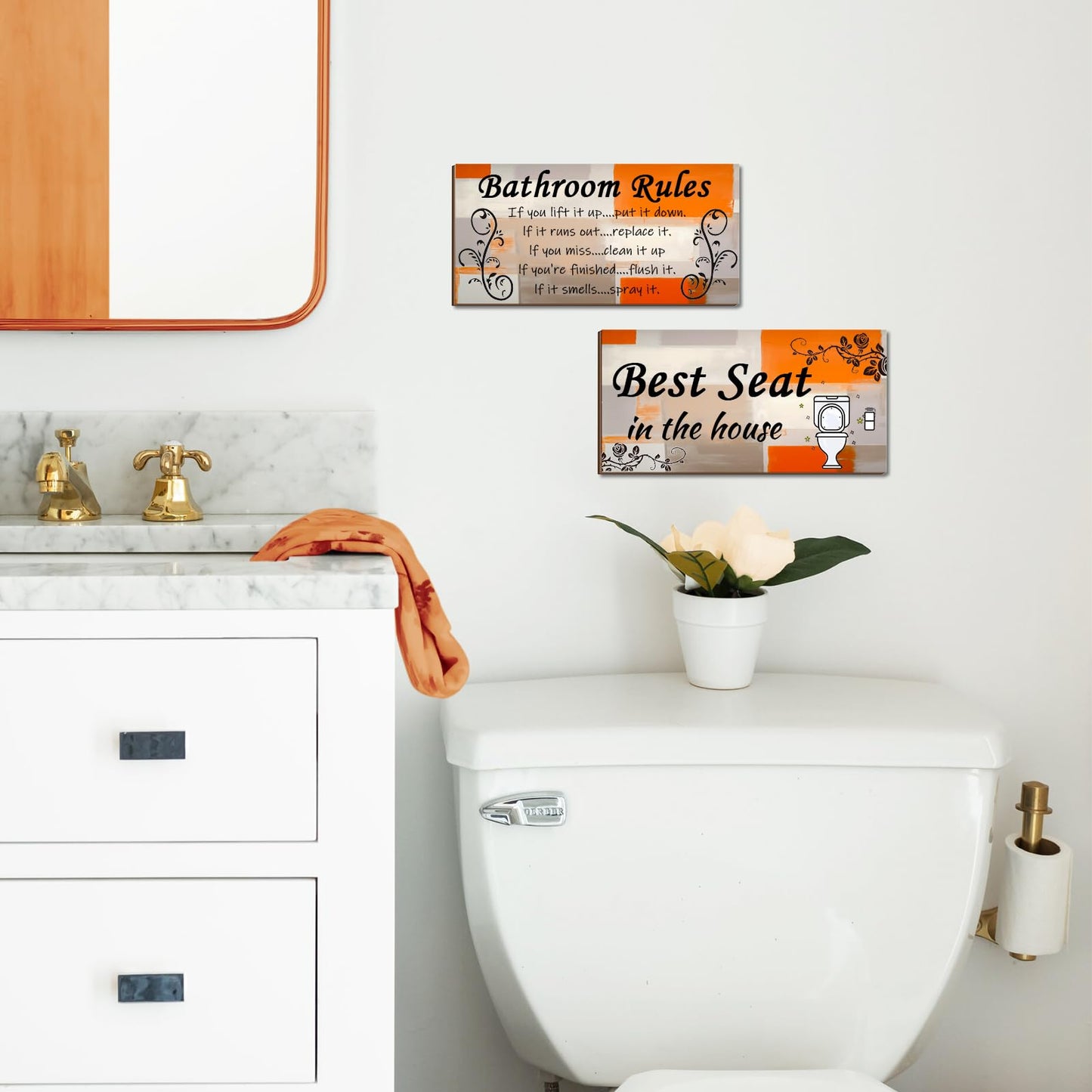 Lnond 2 Pieces Orange and Grey Bathroom Wall Decor, Abstract Wooden Hanging Bathroom Rules Wall Art, Farmhouse Toilet Rustic Bathroom Signs Decor Sets (12x 6 Inch)