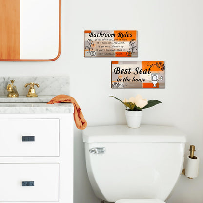Lnond 2 Pieces Orange and Grey Bathroom Wall Decor, Abstract Wooden Hanging Bathroom Rules Wall Art, Farmhouse Toilet Rustic Bathroom Signs Decor Sets (12x 6 Inch)