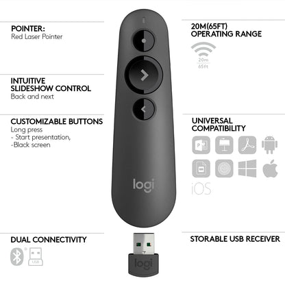 Logitech R500 Laser Presentation Remote Wireless Presenter, W126636324 (Remote Wireless Presenter Bluetooth/RF Graphite Logitech R500 Laser Presentation Remote, Bluetooth/RF,)