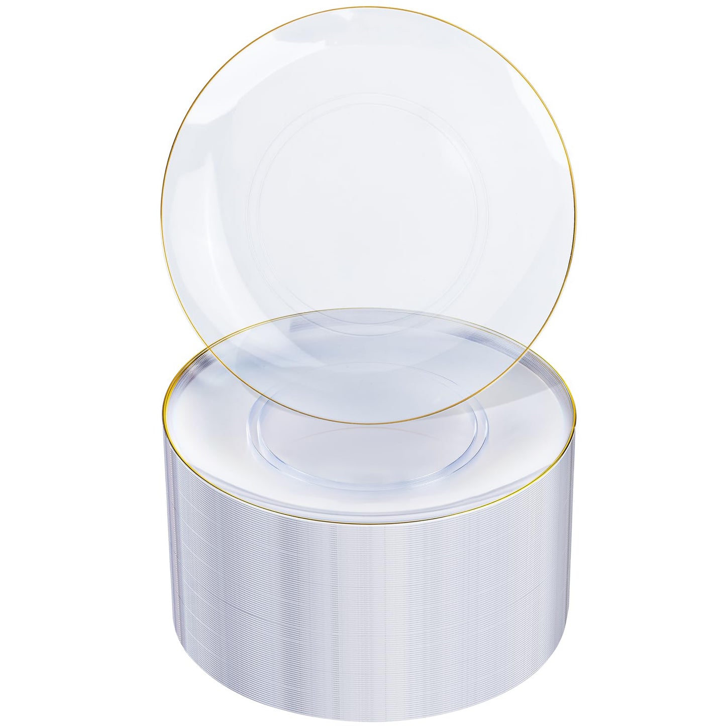 Nervure 100Pieces Clear and Gold Rim Plastic Plates - 7.5inch Disposabl Salad Dessert Plate - Clear and Gold Party Plates Ideal for Wedding & Party