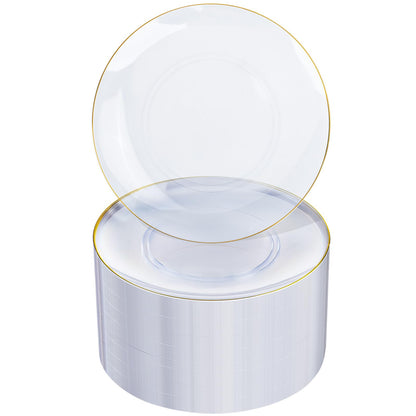 Nervure 100Pieces Clear and Gold Rim Plastic Plates - 7.5inch Disposabl Salad Dessert Plate - Clear and Gold Party Plates Ideal for Wedding & Party