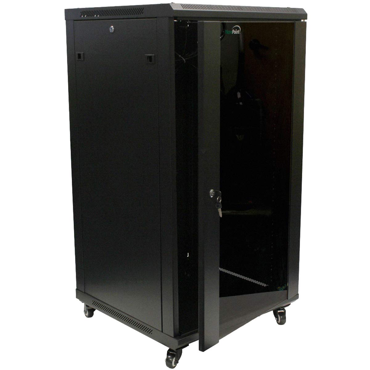 NavePoint 22U Server Cabinet Wall Mount Rack Enclosure with Caster Wheels, 2 Fans, Locking Glass Door, Removable Side Panels – 22U Network Cabinet 23.6” Deep, 19” Server Rack for A/V Equipment