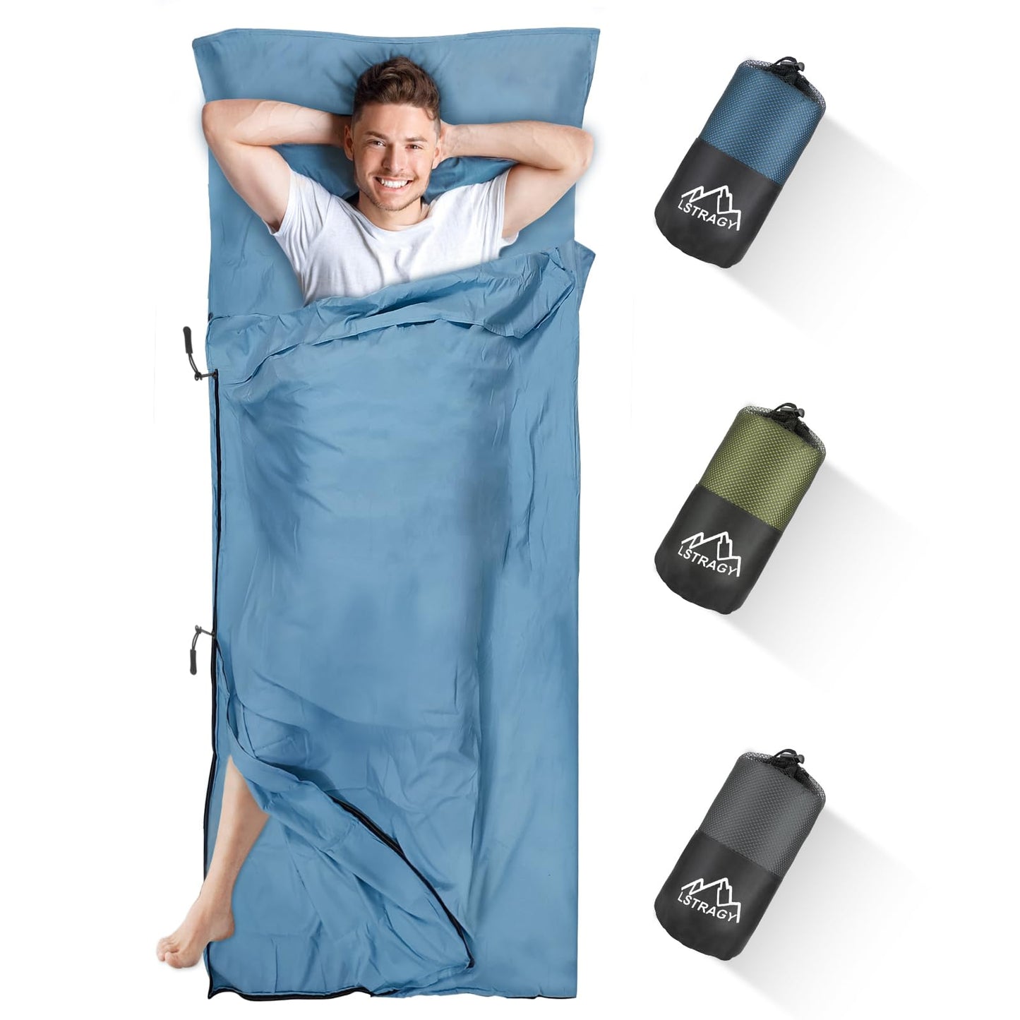 LSTRAGY Sleeping Bag Liner, Updated Adult Sleep Sack & Travel Sheets with Foot Zipper, Lightweight and Portable Camping Sleeping Bag Liners - Ideal for Backpacking, Hostels and Camping(Blue)