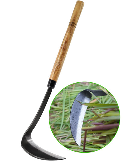 Japanese Weeding Sickle Hoe, 17" Gardening Hand Weeder Nejiri Kama Blade Tool Digging and Cutting Weed Remover, High-Carbon Steel One-Piece Molding with Hard Wood Handle, Very Sharp Edge Quick Work
