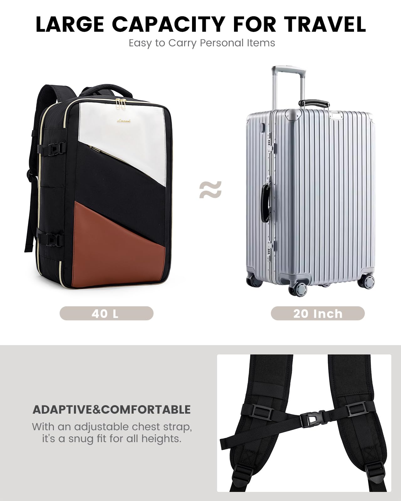 LOVEVOOK Carry on Travel Backpack, Large 40L for Men & Women Flight Approved with USB Charging Port&3 Packing Cubes, Large Suitcase Water Resistant Luggage Daypack Busi, Beige-Black