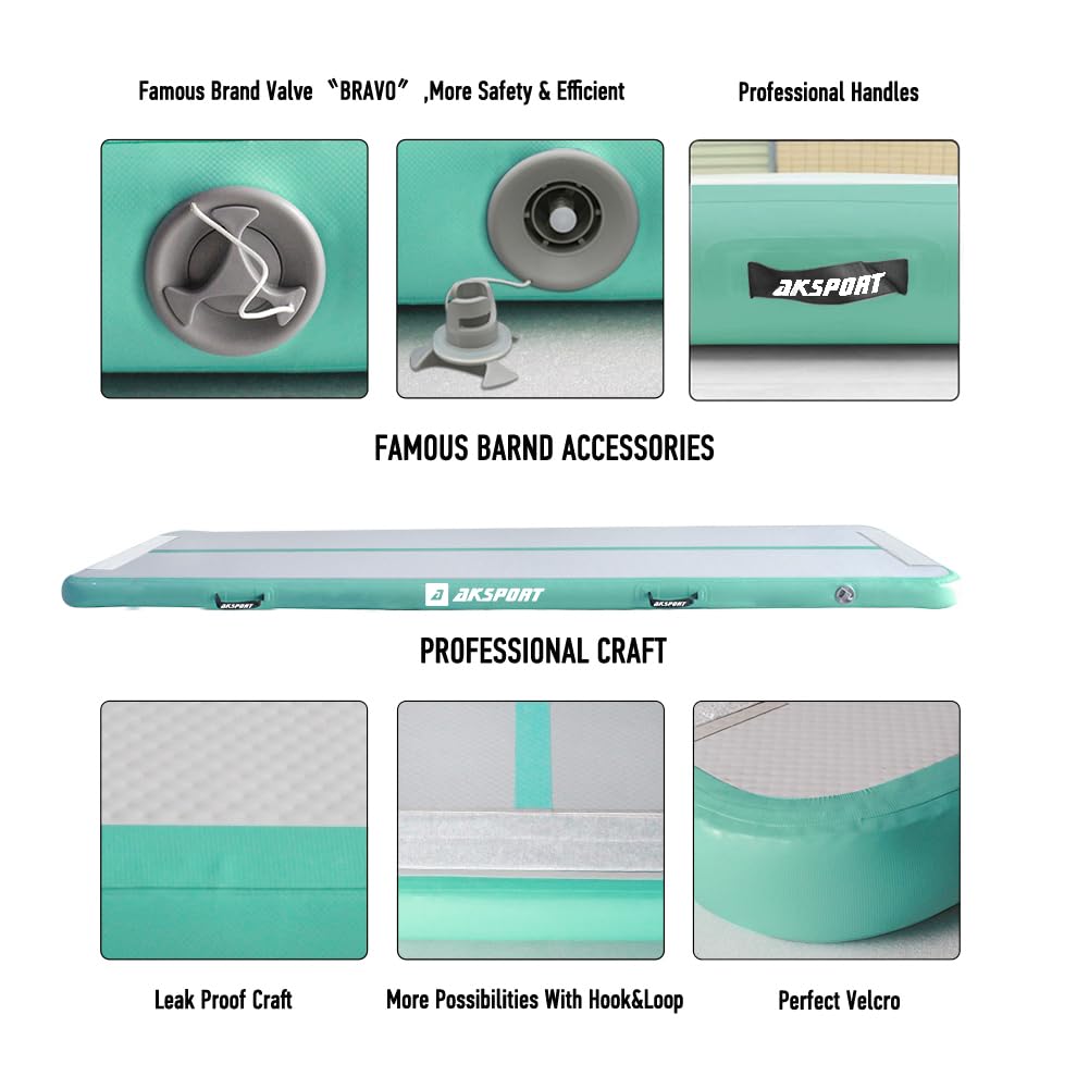AKSPORT Air Mat Tumble Track 10ft-20ft Inflatable Gymnastics Mat 4/8in Thickness for Home Use/Tumble/Gym/Training/Cheerleading/Yoga (Mint Green, 10x3.28x0.66ft)