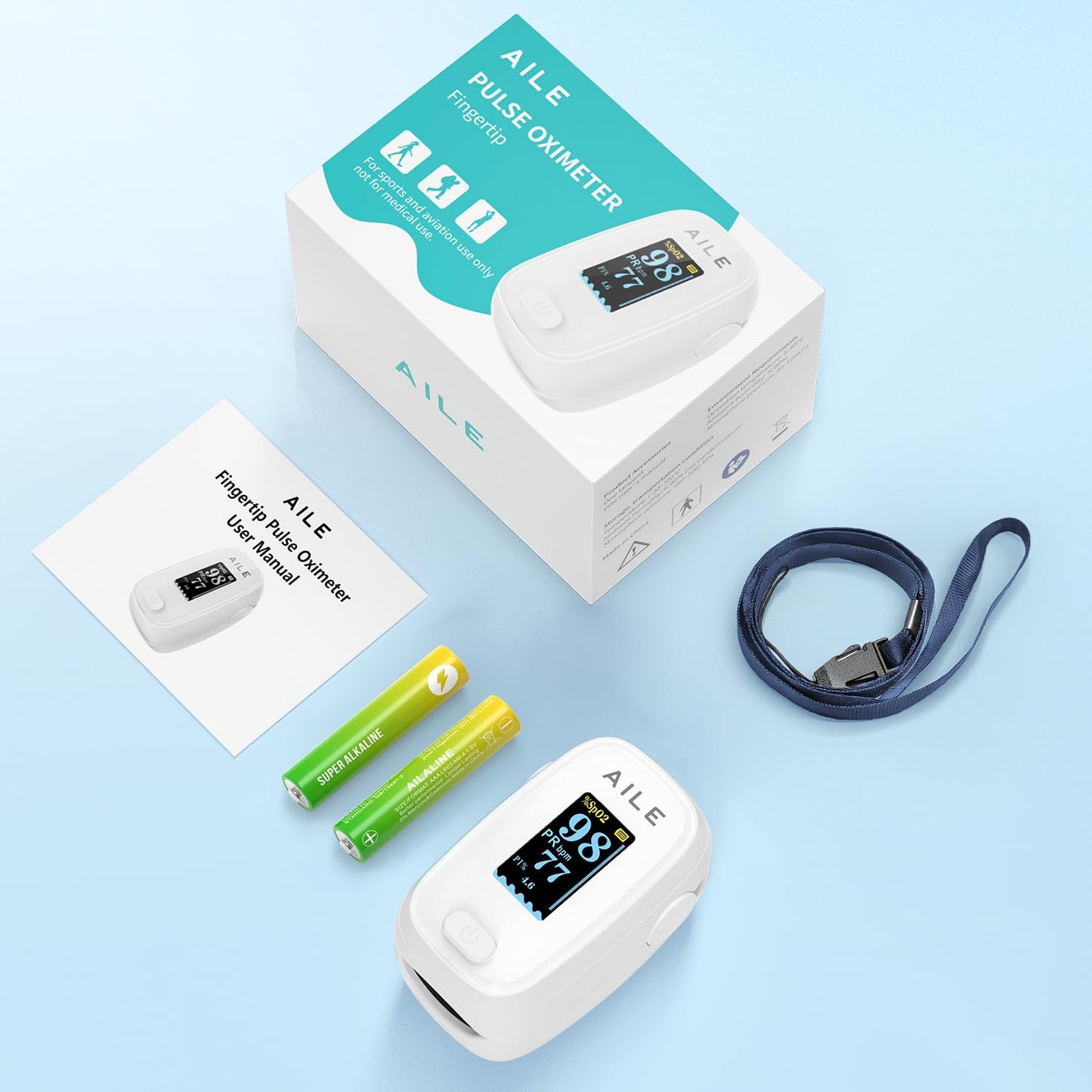 Pulse Oximeter with Fingertip Oxygen Meter : AILE Compact Fingertip Pulse Oximeter - Blood Oxygen/Heart Rate Monitor - 4 Color Screen Display - Including 2AAA Batteries for Athletic & Home (White)