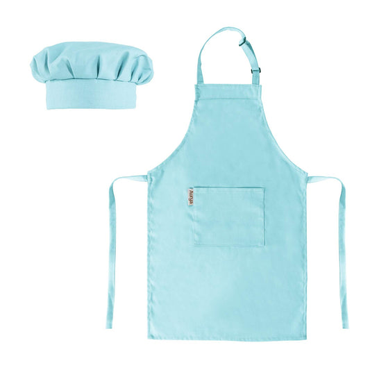 Kids Apron and Chef Hat Set-Adjustable Child Apron for Boys and Girls for Cooking Baking Light Blue