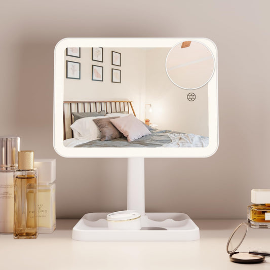 FUNTOUCH Rechargeable Lighted Mirrors for Makeup, 2000mAh, 10X Magnification/3 Color Lighting Portable Tabletop Cosmetic Make Up Mirror, 360° Rotation Led Light up Mirrors with Storage,White
