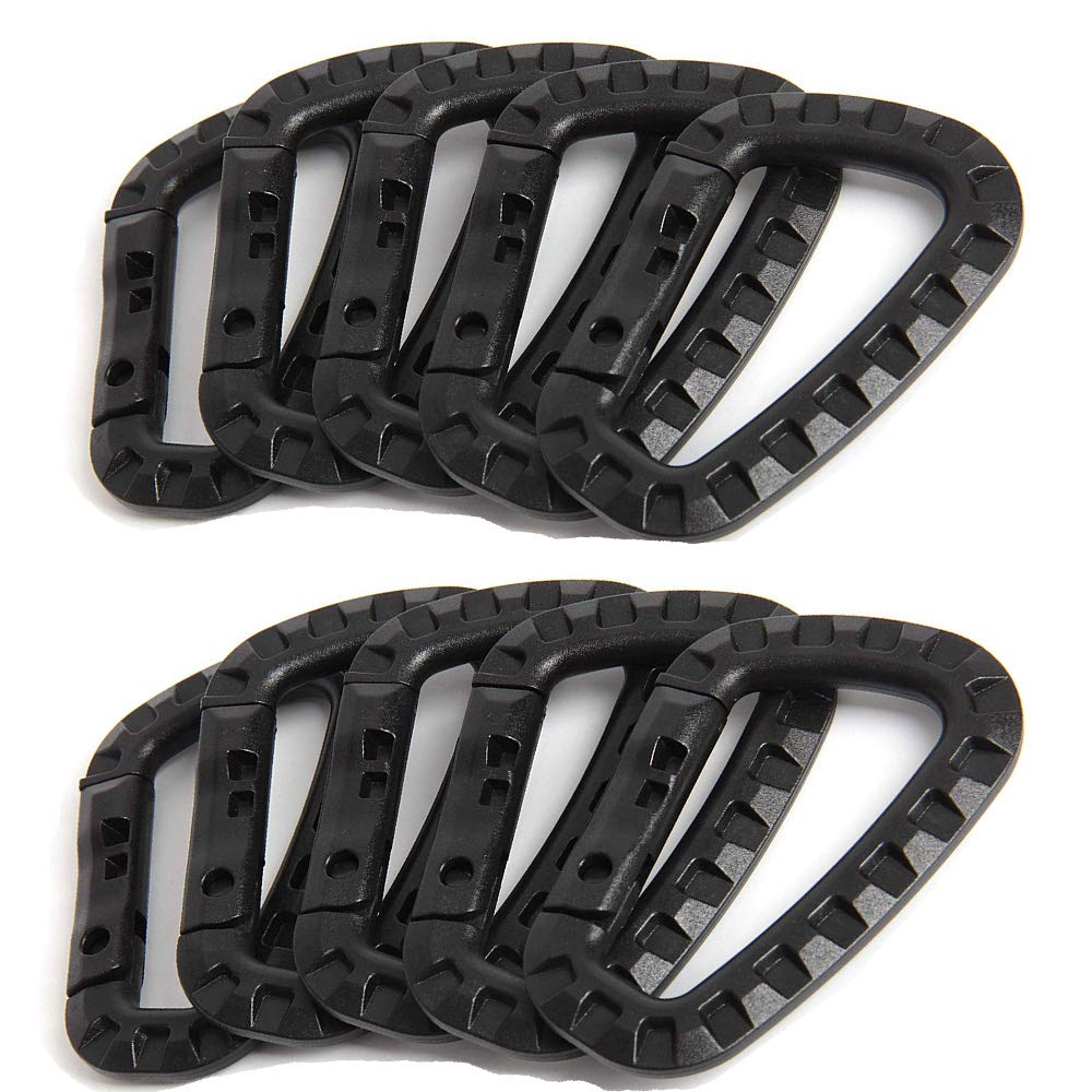 Nxtop Tactical Carabiner Keychain - 10 Pack Hard Polymer Carabiners D Rings Light Weight Spring Snap Gear Clip Utility Hooks Backpack Hanging Buckle for Outdoor Travelling Camping Hiking Fishing Black