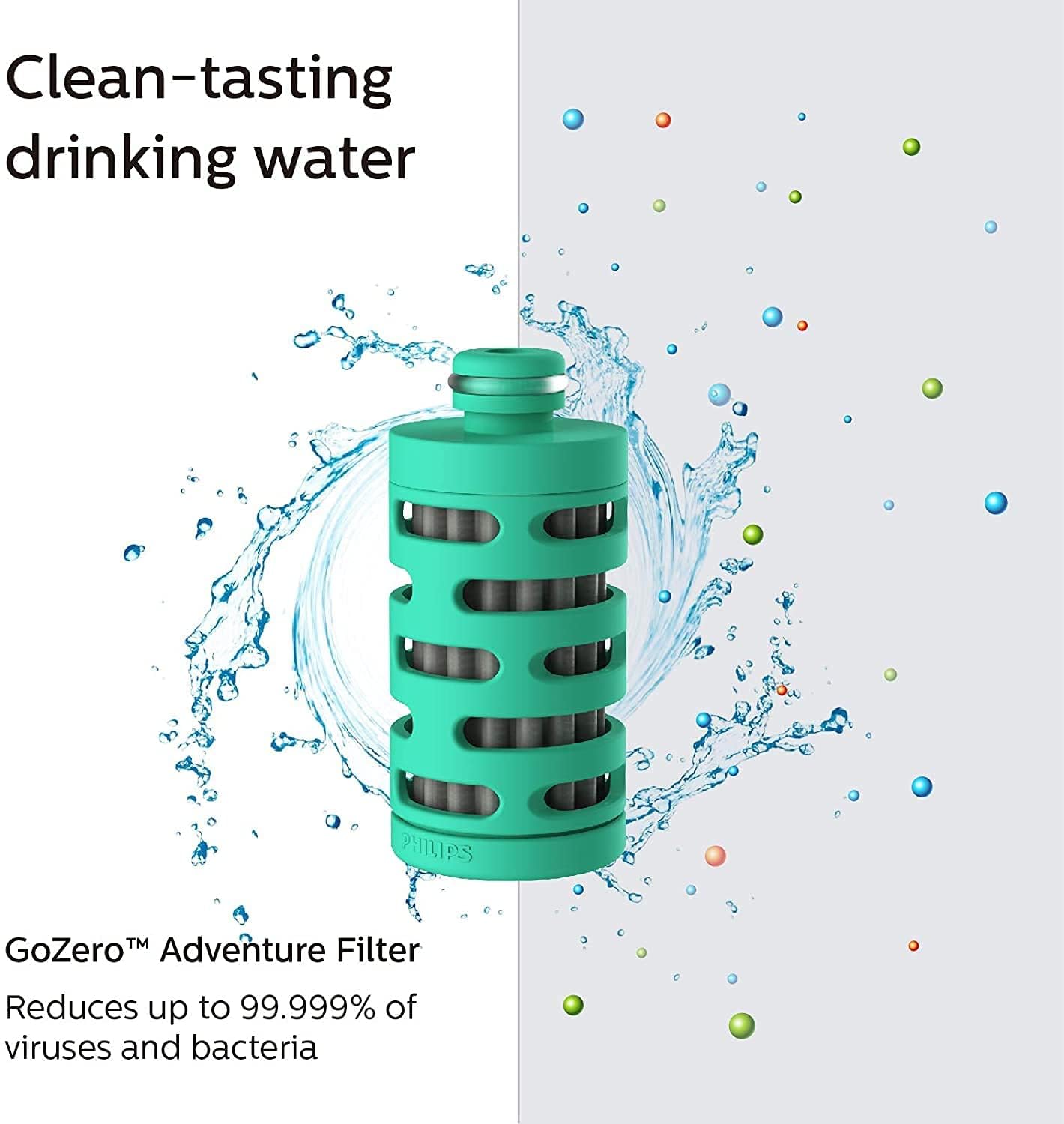 PHILIPS Water GoZero Active BPA-Free Water Bottle with River/Lake/Spring Water Filter for Hiking Camping, Sport Squeeze Water Bottle, Lightweight, Blue, 20 oz with Adventure Filter, Green