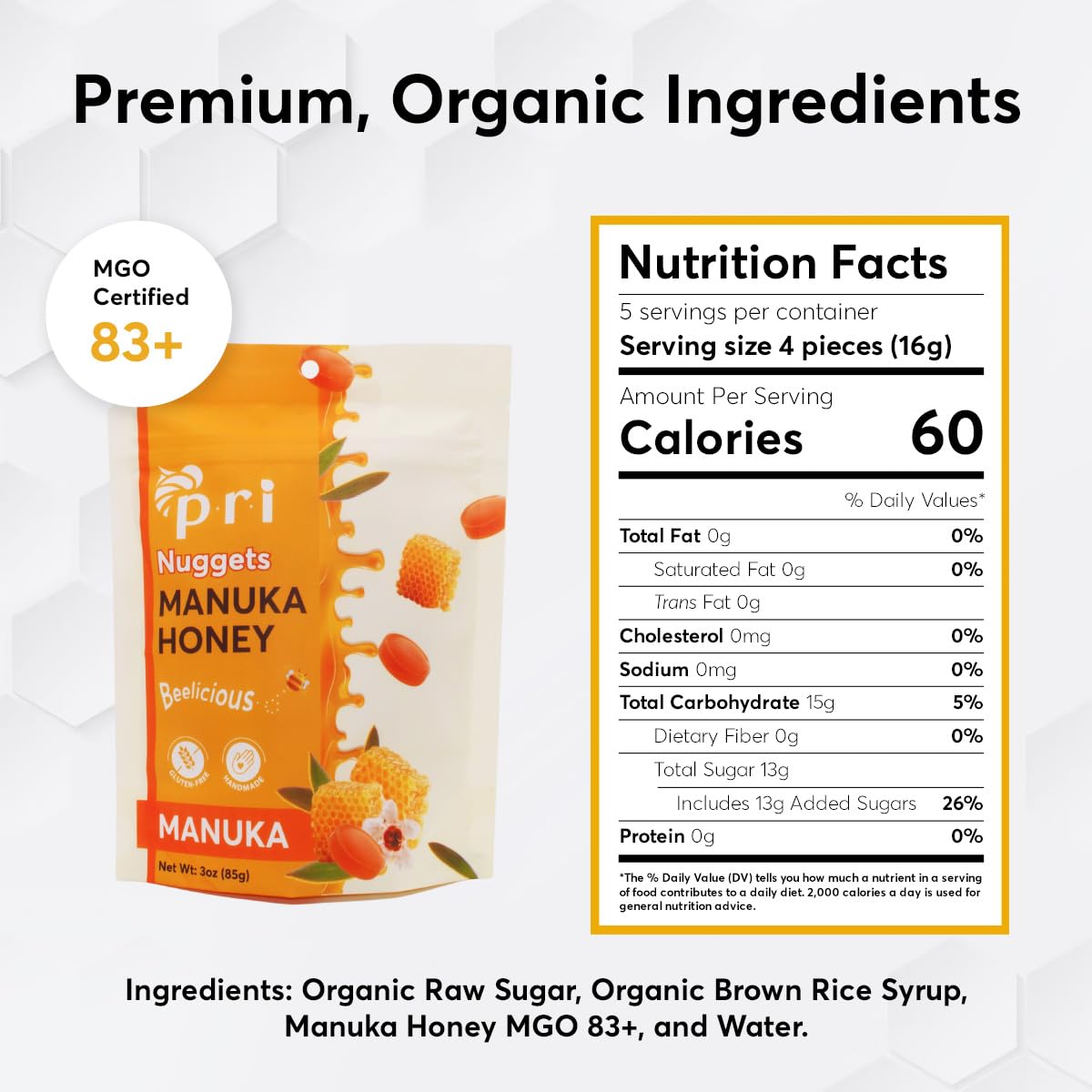 P.R.I Manuka Honey Nuggets, Sweet and All Natural Hard Candy Treat, 3oz