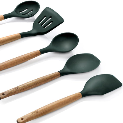 Miusco Non-Stick Silicone Cooking Utensils Set with Natural Acacia Hard Wood Handle, 5 Piece, High Heat Resistant (Green)