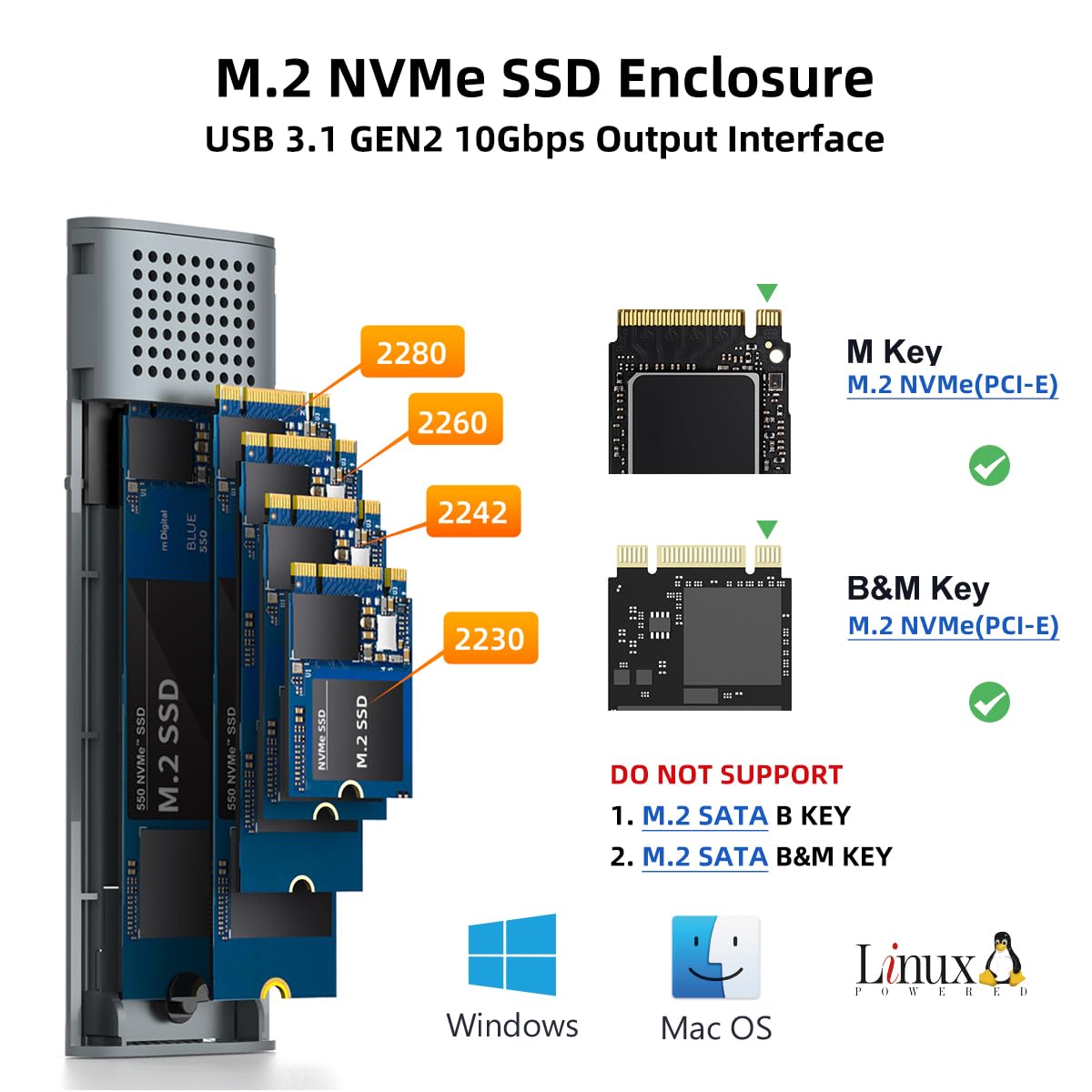 MAIWO M.2 NVMe SSD Enclosure, USB 3.1 GEN2 10Gbps Support UASP Trim, 8TB Capacity, Tool Free M.2 NVMe PCIe SSD to USB C Adapter Reader Case
