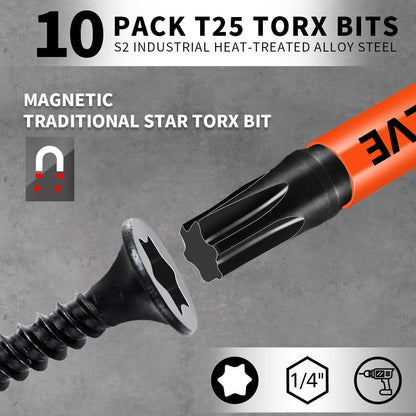 10-Pack T25 Torx Bits for Impact Driver, T-25 Torx/Star Bit Set 2'' Long, Magnetic Torque Head, Premium S2 Alloy Steel, 1/4'' Hex-Shank for Professional & DIY Use