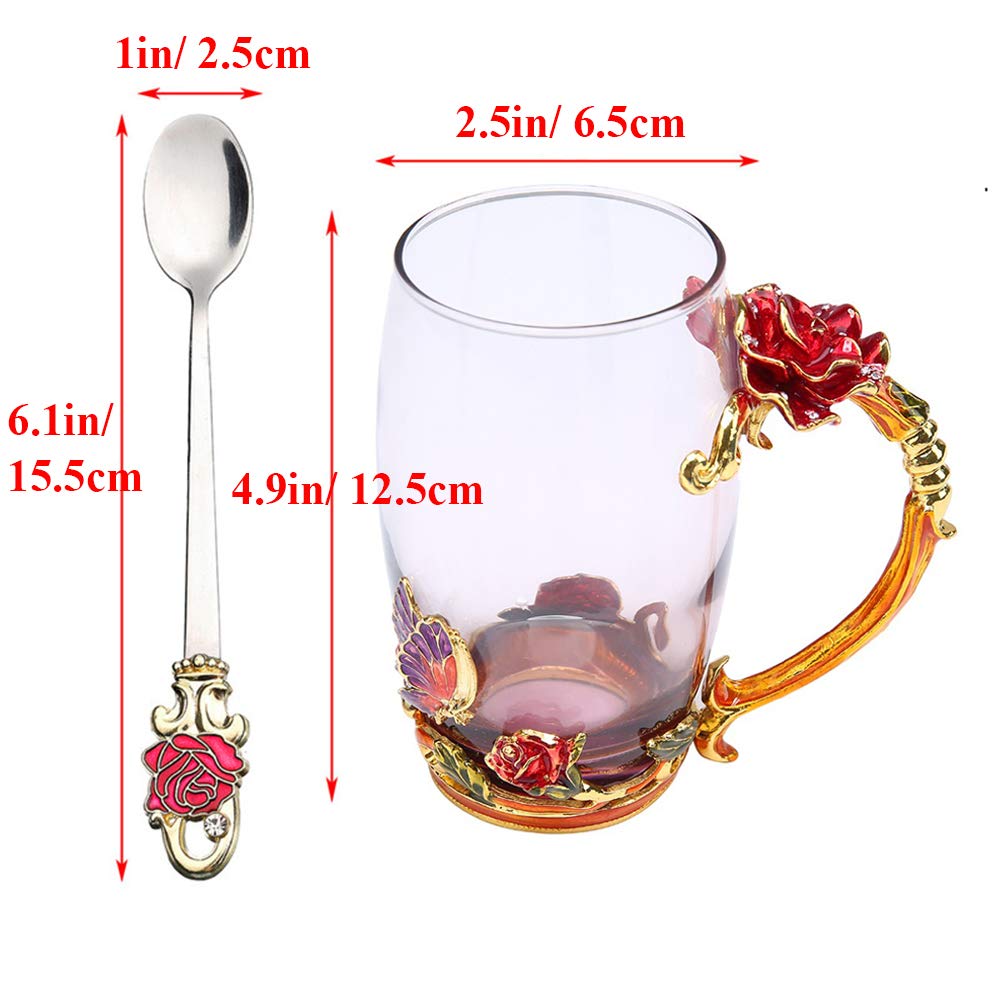 Kaiyuan Dynasty Tea Cup Glass Coffee Mugs Enamel Rose Flower Butterfly Drinking Cups with Spoon Set for Birthday Wedding Red Rose Tall Mug 12oz