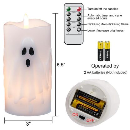 Lasumora Halloween Ghost Flameless Pillar Candles with Remote Timer, Battery Operated LED Candles for Halloween Decorations Indoor Halloween Home Decor Gifts (2 Pack, 3” x 6.5”)