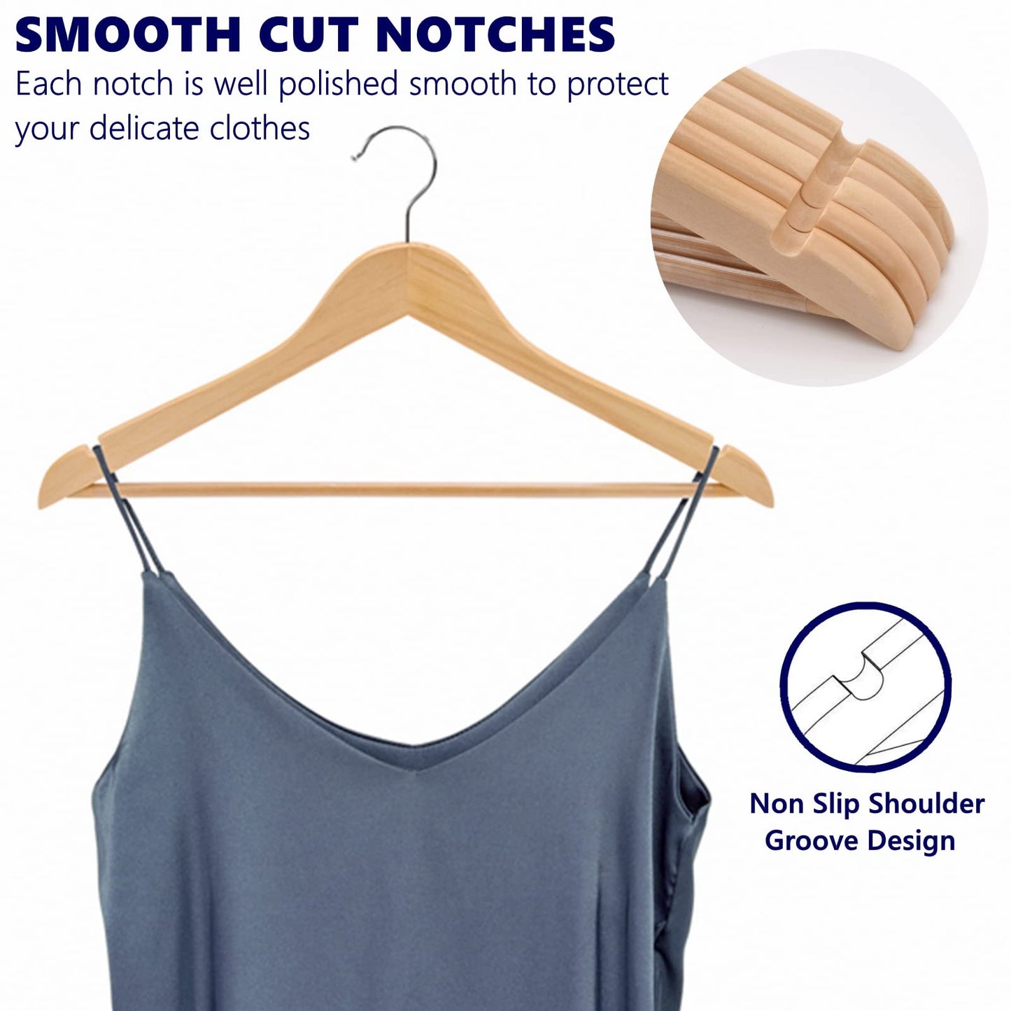 Amber Home 30 Pack Wooden Coat Hangers, Natural Wood Suit Hangers with Non Slip Pant Bar, Clothes Hangers for Shirts, Jackets, Dress, Pant (Natural, 30)