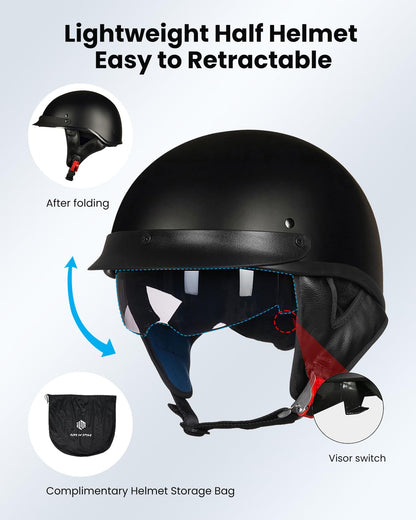 ILM Half Helmet Motorcycle Open Face Sun Visor Quick Release Buckle DOT Approved Cycling Motocross Suits Men Women Model-205V (L, Matt Black)