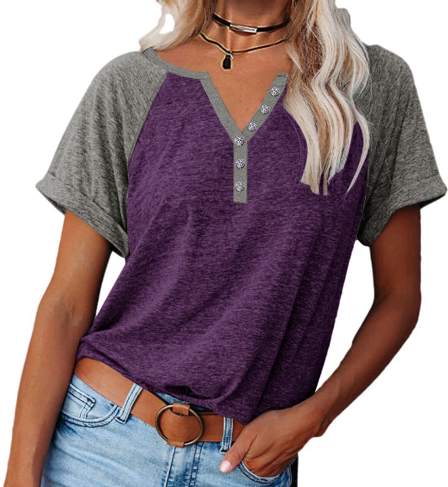 MaQiYa Womens Henley V Neck Raglan Short Sleeve T Shirts Color Block Casual Cotton Tees Shirts Tops (Z-Purple, Large)